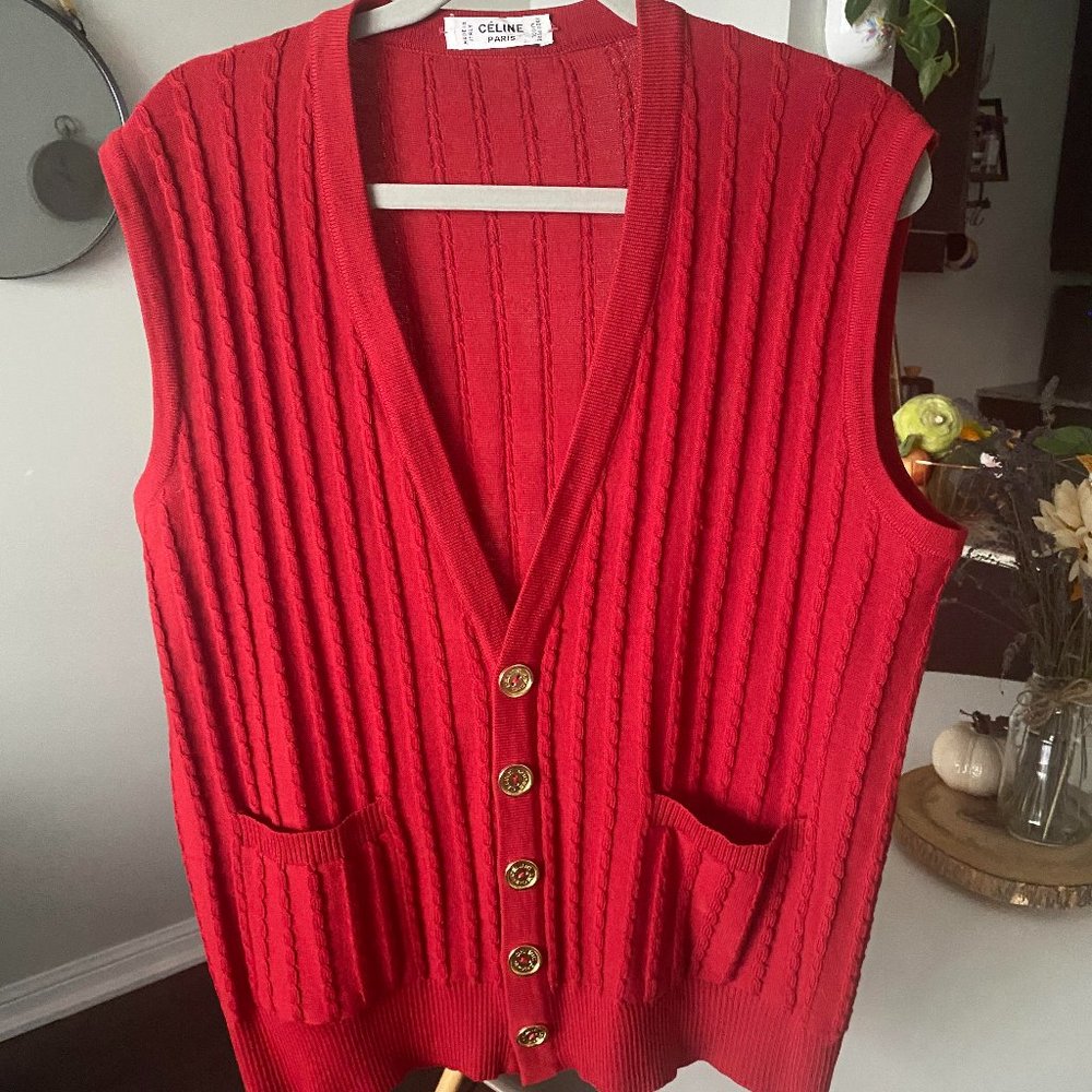 CELINE 100% Wool Vintage Red Vest with V-neck and Double Front Pockets.